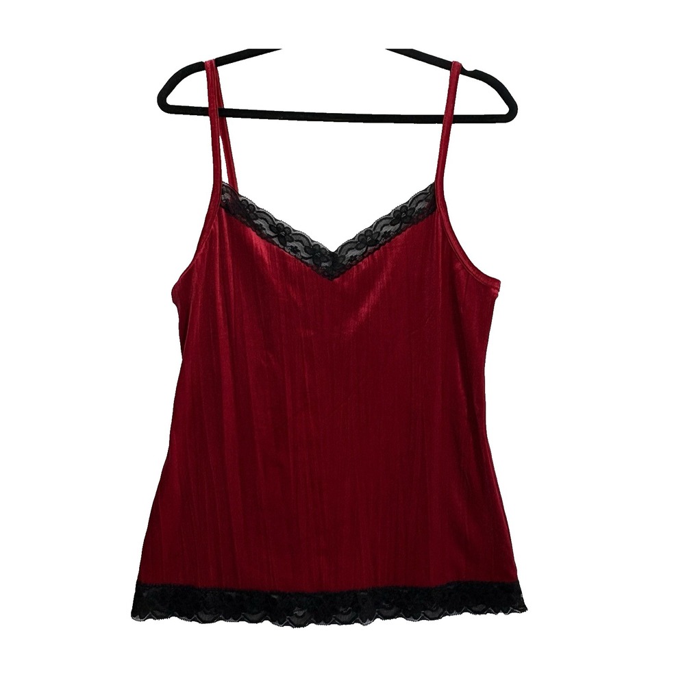 Y2K Velvet Thin Straps Babydoll Cami Top Women Sz XL Red Sexy hb-38